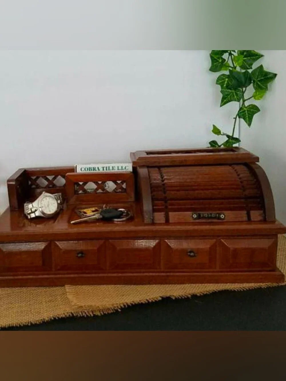 Vintage Wooden Jewelry Box Desk Organizer Roll-Top Velvet Storage Drawer